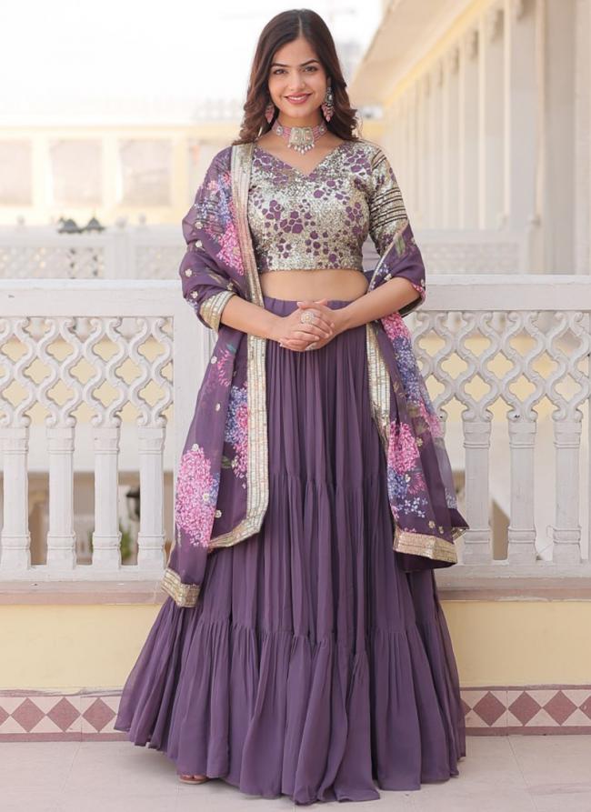 Faux Georgette Lavender Party Wear Sequence Embroidery Work Readymade Lehenga Choli